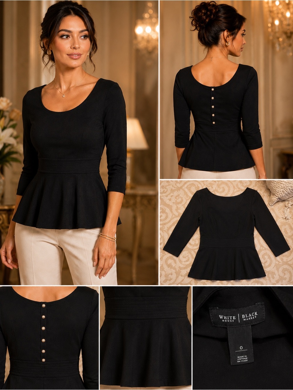 White House Black Market Black Peplum Knit Top Button Back Size 0 - Picture 2 of 11